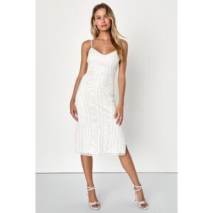 Lulus Alluring Interest White Sequin Embroidered Sleeveless Midi Dress - Size S